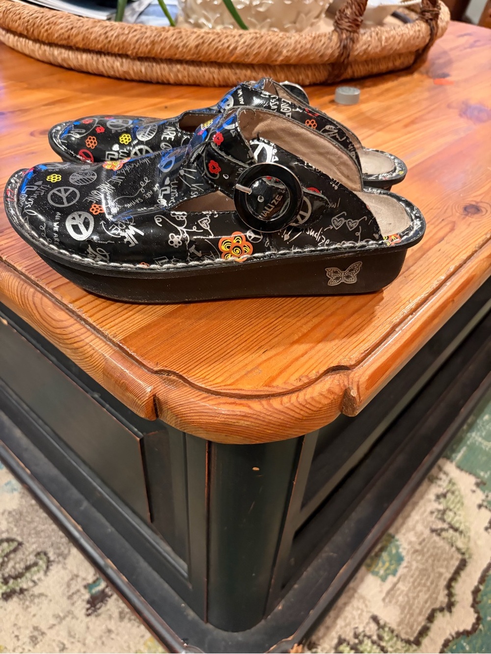 Alegria Black Patent Slip-On Clog with Multicolor Peace & Motif Prints